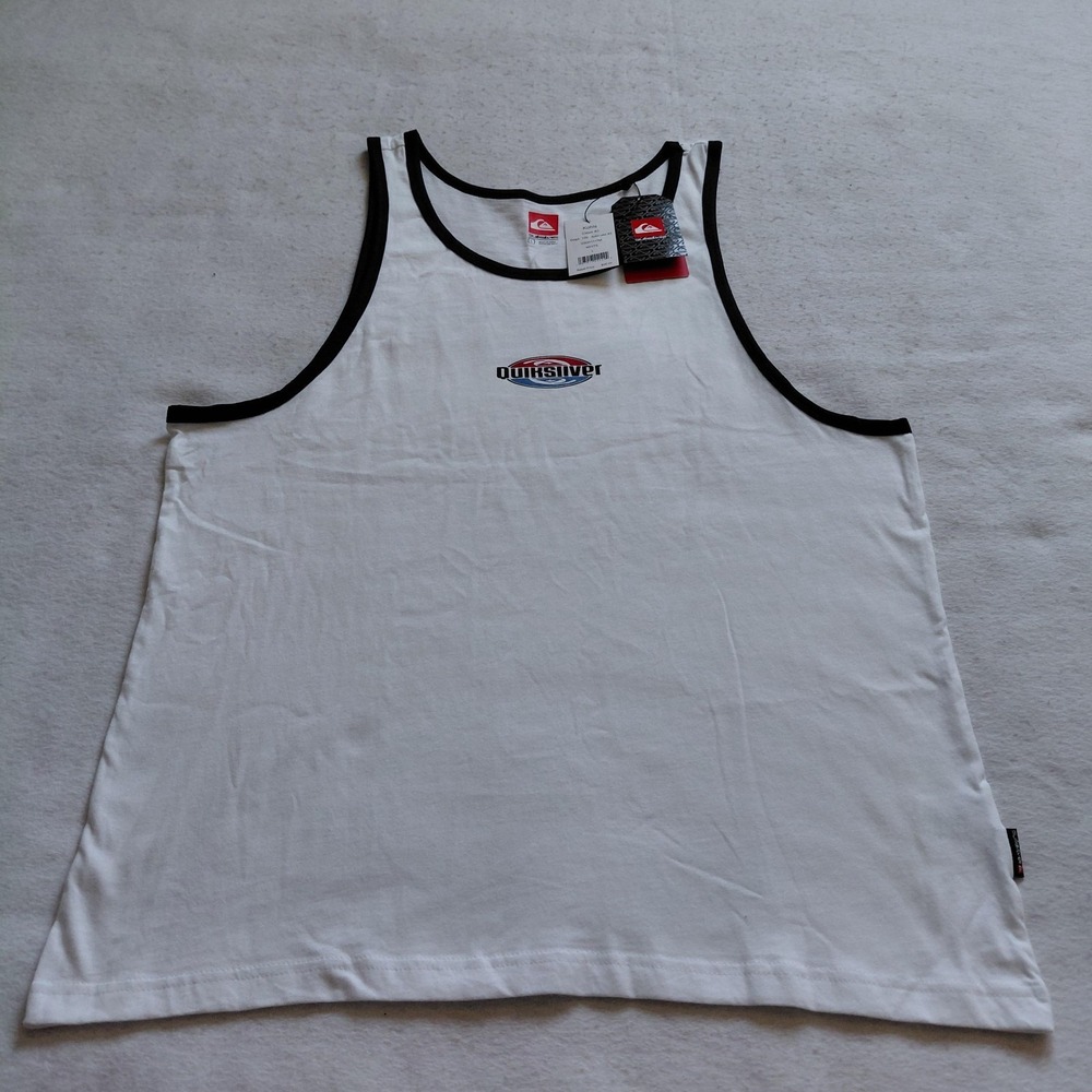 Quiksilver Tank Top Mens Size L White Black Trim Logo Graphic Beach Skate NWT